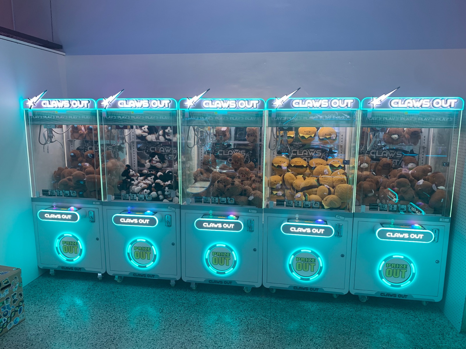 Claw machines at Claws Out in St. Louis, Missouri
